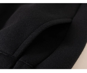 Detail shot of black knitted fabric showcasing high-quality pocket stitching and texture