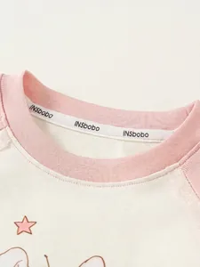 Kids cream and pink raglan long sleeve T-shirt with cartoon star and round neck detail