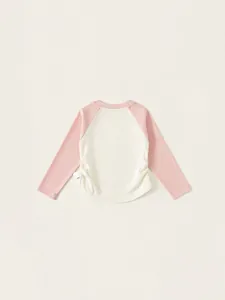 Kids long sleeve raglan T-shirt in pink and white with side drawstring details
