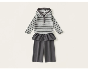 Detail of girls' grey striped hoodie and wide-leg pants set with button neck and elastic waist