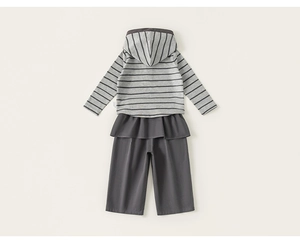 Flat lay of striped grey toddler hoodie set with ruffled elastic waist straight pants