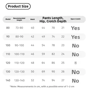 Detailed size chart for kids cargo pants including waist, length, and height specs