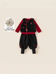 Three-piece traditional Chinese New Year outfit for kids with red shirt and fleece vest