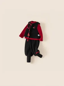 Traditional Chinese New Year 3-piece kids outfit with red top and black plush vest