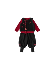 Traditional kids 3-piece Chinese New Year set with red shirt, black vest and trousers