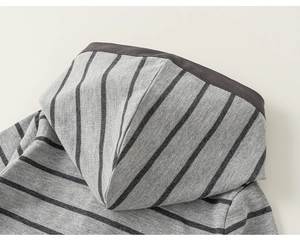 Close-up of a grey striped knit hood showing detailed stitching and fabric texture