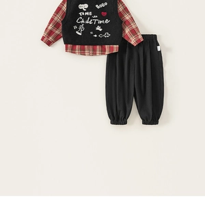 Detail of boys' 3-piece set including plaid shirt, knit vest, and joggers in a flat lay
