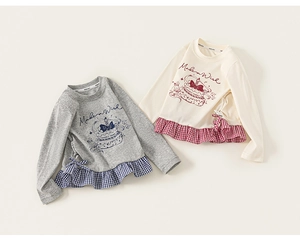 Detail of girls long sleeve cotton tops with cartoon prints and plaid hem patchwork