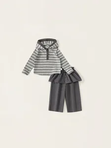 Girls Striped Hooded Sweatshirt And Straight Leg Pants 2 Piece Outfit Set Casual Spring Autumn Fashion Kids Clothing Gray