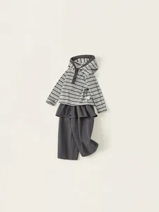 Kids grey striped hooded sweatshirt and dark trousers two-piece set for spring