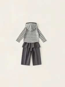 Girls' striped hooded sweatshirt and grey wide-leg pants two-piece spring casual set