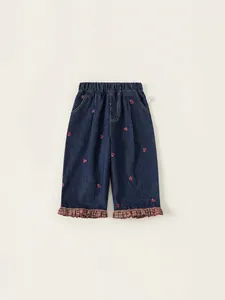 Jean En Denim Pour Filles Avec Broderie Coeur Et Ourlet À Volants À Carreaux Taille Élastique Pantalon Ample