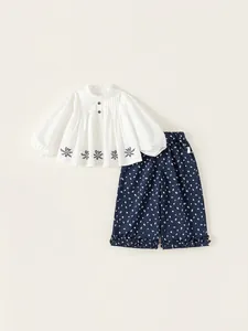 Girls Pastoral Cotton Clothing Set White Long Sleeve Embroidered Shirt Navy Blue Floral Print Ruffle Pants Outfit