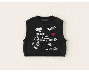 Detail of black knit vest with white cartoon elephant and rabbit embroidery patterns
