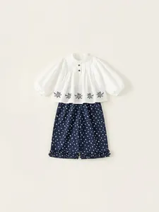 Girls' white shirt with embroidery and blue floral straight-leg pants set in Mori style