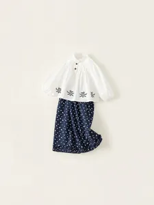 Girls forest style set with white embroidered shirt and floral printed straight pants