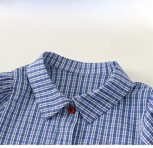 Detail of blue plaid shirt with classic collar, red button and bow embroidery