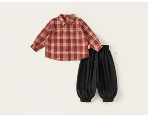 Flat lay of boys plaid shirt and black jogger pants featuring soft brushed cotton fabric