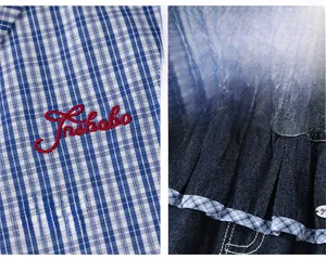 Detailed close-up of blue plaid shirt with letter embroidery and denim jeans with elastic waist