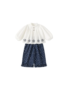 Girls' white retro cotton blouse and navy floral wide-leg trousers set with embroidery