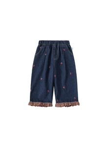 Jean large pour filles bleu marine avec broderie cerise et ourlet à volants à carreaux