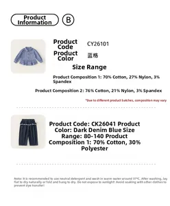 Detail view of cotton blue checkered shirt with ruffle waist denim trousers for girls