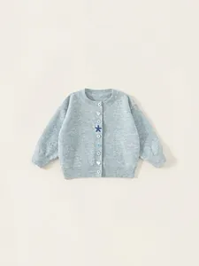 Meisjes Gebreid Vest Trui Ronde Hals Lange Mouw Blauw Marl Bovenkleding Casual Top Met Hart Ster Knoppen Zacht Polyester