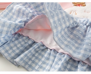Detail van roze peutersweatshirt met berenborduursel en een geruite ruche-onderkant