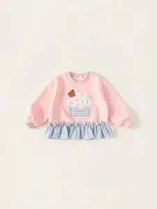 Zoete Meisjes Roze Sweatshirt Geruit Patchwork Roffelzoom Cartoon Beer Borduurwerk Ronde Hals Lange Mouw Pullover Kinderen Top