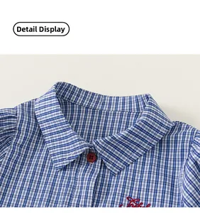 Close-up of blue gingham kids shirt with ruffled collar and a red button detail