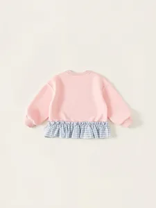Roze sweatshirt voor meisjes met blauwe geruite ruches en zoete hartpatronen