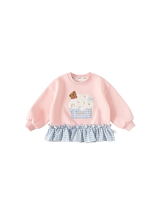 Roze sweatshirt voor meisjes met ruitjespatroon zoom en schattig beerborduursel