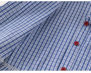 Close-up of blue plaid shirt featuring red four-hole buttons and fine overlock stitching