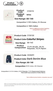 Detail specifications for striped knit vest and denim pants with cotton material info