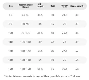 Detailed size chart for girls' clothing set with dimensions for height, bust, and length