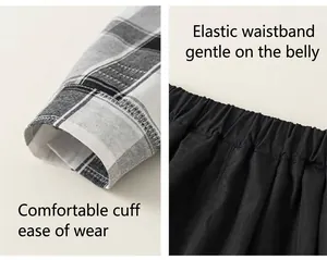 Detail of plaid shirt cuffs and elastic waistband for boys casual clothing set