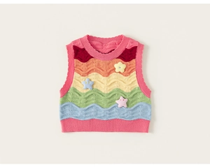 Detail of colorful striped knitted vest for kids with 3D star patches and soft texture