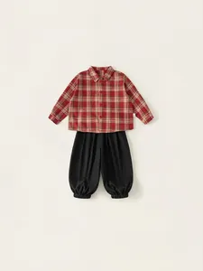 Kids plaid long sleeve shirt with black joggers two-piece outfit for boys stylish casual set