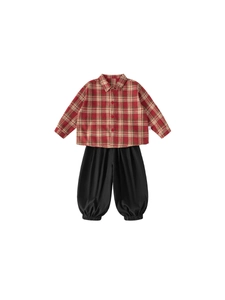 Boys red plaid flannel shirt and black jogger pants two-piece spring fashion set
