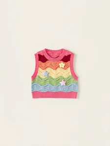 Girls Rainbow Striped Knitted Vest With White Peter Pan Collar Shirt And Denim Pants Outfits Spring Autumn Kids Clothes