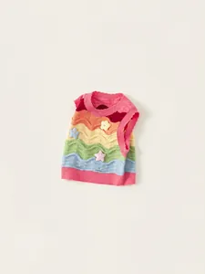 Rainbow wave striped knit vest for girls with 3D star and flower applique patches