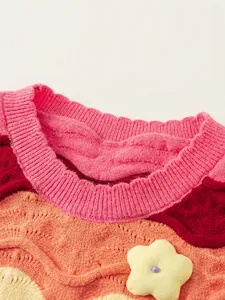 Colorful knit vest for girls with wave texture and cute 3D yellow flower detail