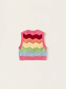 Kids' colorful rainbow wave pattern knitted vest with a round neck and soft cotton texture