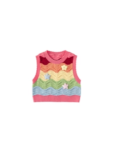 Rainbow striped knit vest for kids with star charms and colorful wave patterns