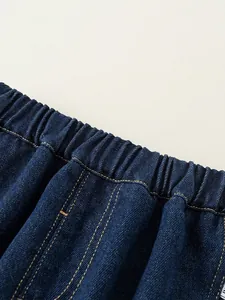 Pantaloni di jeans blu scuro per bambine con elastico in vita e cuciture gialle a contrasto