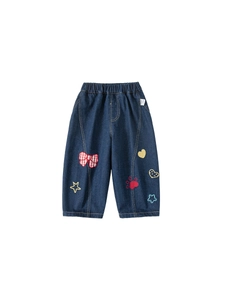 Pantaloni ampi in denim blu scuro per bambina con ricami di stelle e fiocchi