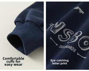 Detail view of navy blue sweatshirt featuring ribbed cuffs and skateboard theme print design