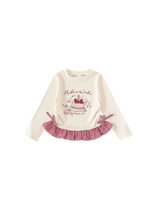 Girls long sleeve cream t-shirt with red plaid ruffle hem and cute bunny graphic print