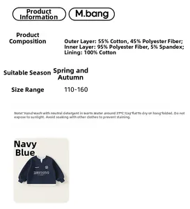 Detail card showing navy cotton-blend sweatshirt fabric composition and care instructions