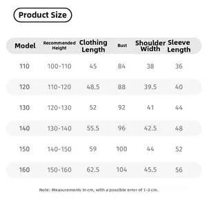 Detailed size chart for kids sweatshirt showing height and measurements for sizes 110 to 160